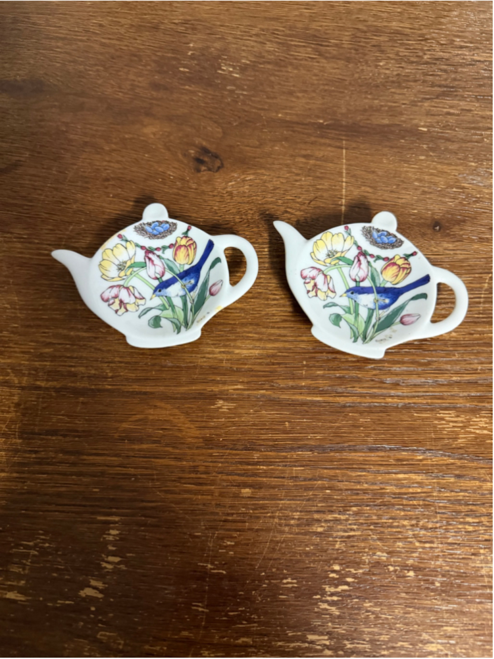 Vintage SBCD 1996 Ceramic Teapot Trivets Pair Blue Bird Tulips Nest Eggs